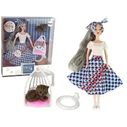 Lėlė Emily su pilkais plaukais ir kačiuku sūpynėse