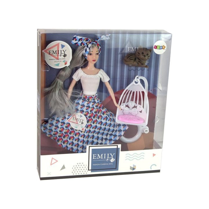 Lėlė Emily su pilkais plaukais ir kačiuku sūpynėse