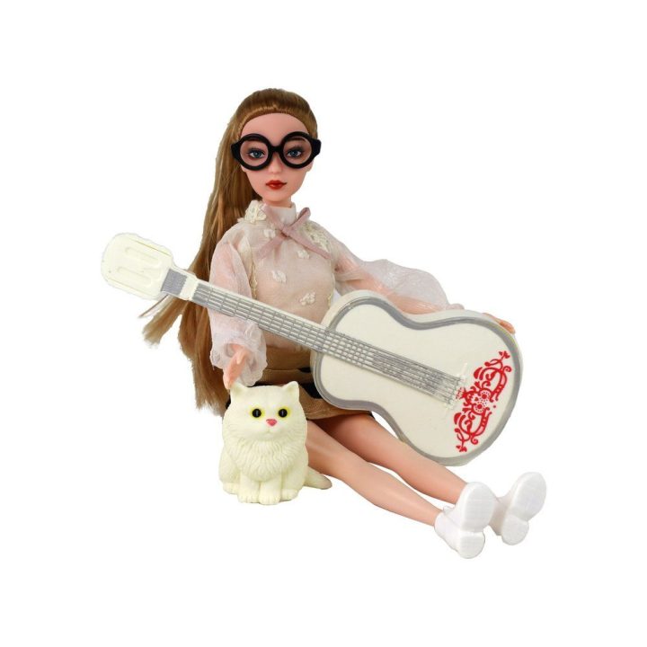 Lėlė vaikams Emily su gitara, akiniais ir kačiuku