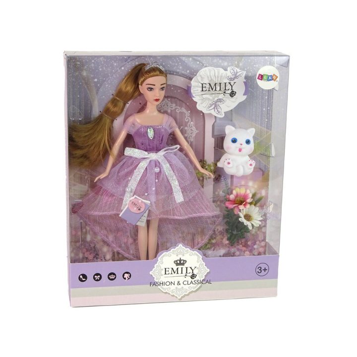 Lėlė Emily su ilga šviesia kasa ir balta kate