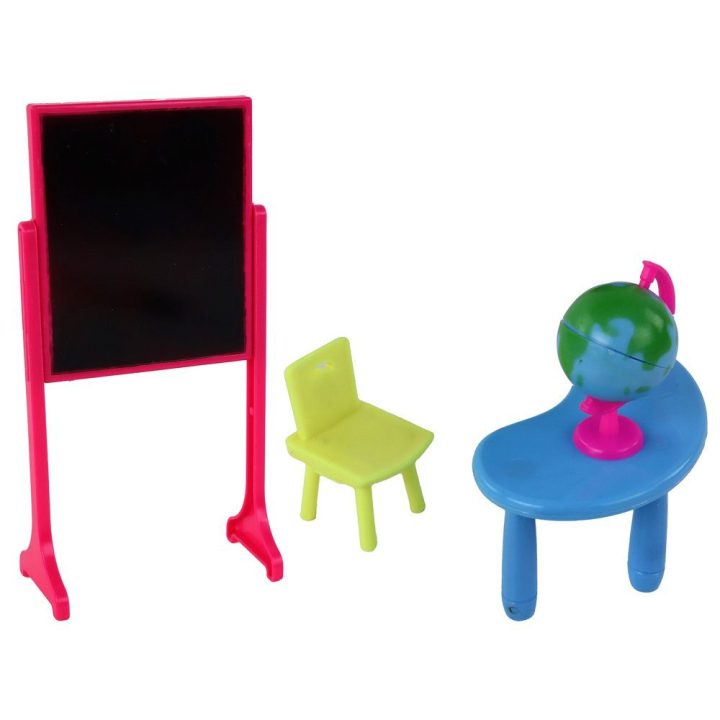 Mokytojos lėlė su mokinės figūrėle ir mokykliniais priedais