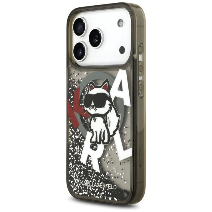 Telefono dėklas iPhone 17 Pro juodas su blizgučiais Karl Lagerfeld