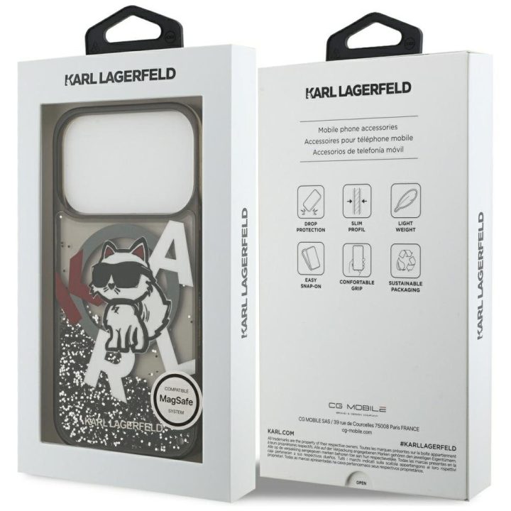 Telefono dėklas iPhone 17 Pro juodas su blizgučiais Karl Lagerfeld
