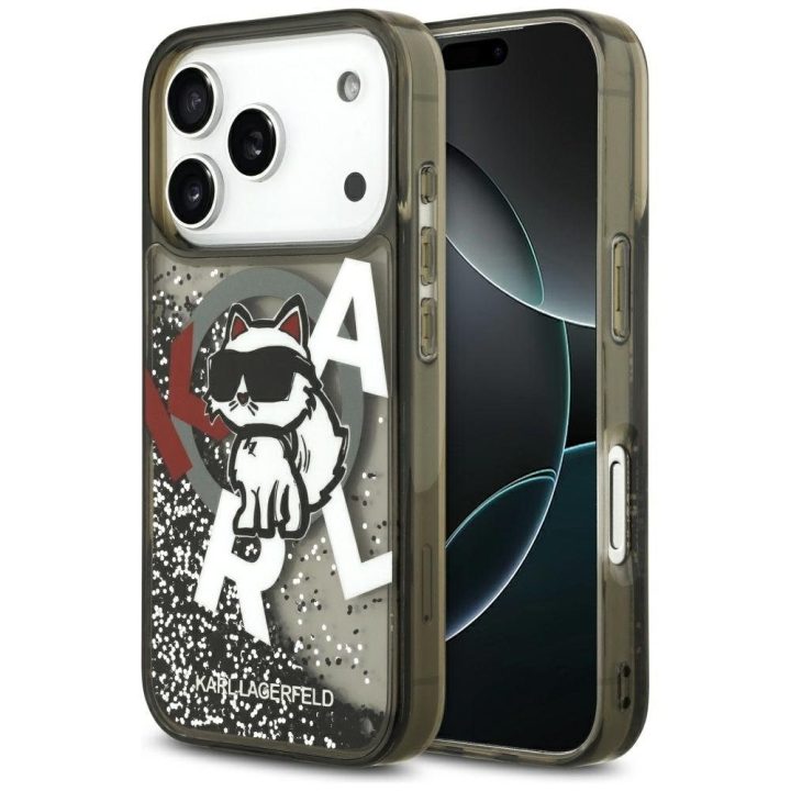 Telefono dėklas iPhone 17 Pro juodas su blizgučiais Karl Lagerfeld