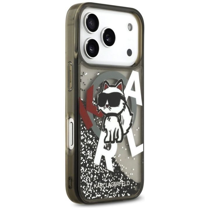 Telefono dėklas iPhone 17 Pro juodas su blizgučiais Karl Lagerfeld