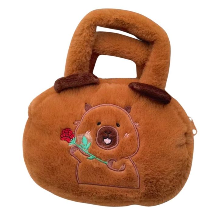 Pliušinė kapibaros rankinė su rože, ruda, 20 cm