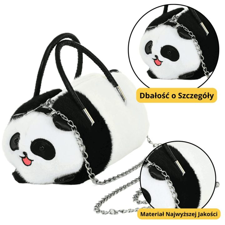 Pliušinė panda rankinė su grandinėle, juoda balta, 20 cm
