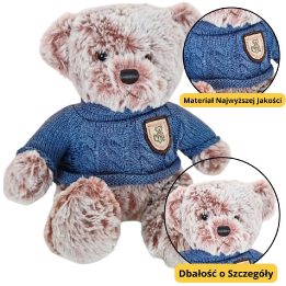 Pilkas pliušinis meškiukas su mėlynu megztiniu, 21 cm