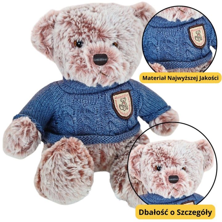 Pilkas pliušinis meškiukas su mėlynu megztiniu, 21 cm