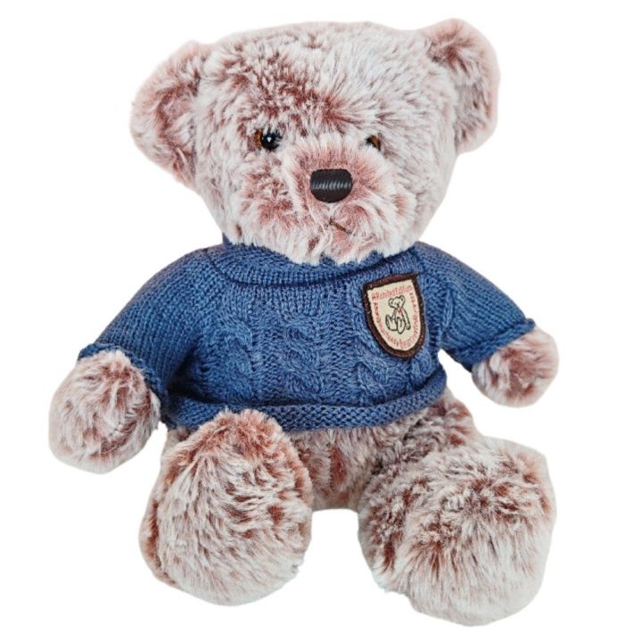 Pilkas pliušinis meškiukas su mėlynu megztiniu, 21 cm