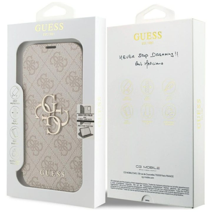 Knygutės tipo dėklas iPhone 17 Pro smėlio spalvos Guess
