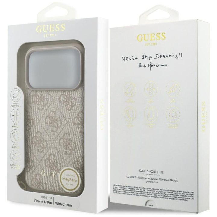 Telefono dėklas iPhone 17 Pro smėlio spalvos su pakabuku Guess