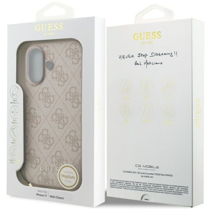 Telefono dėklas iPhone 17 smėlio spalvos su pakabuku Guess