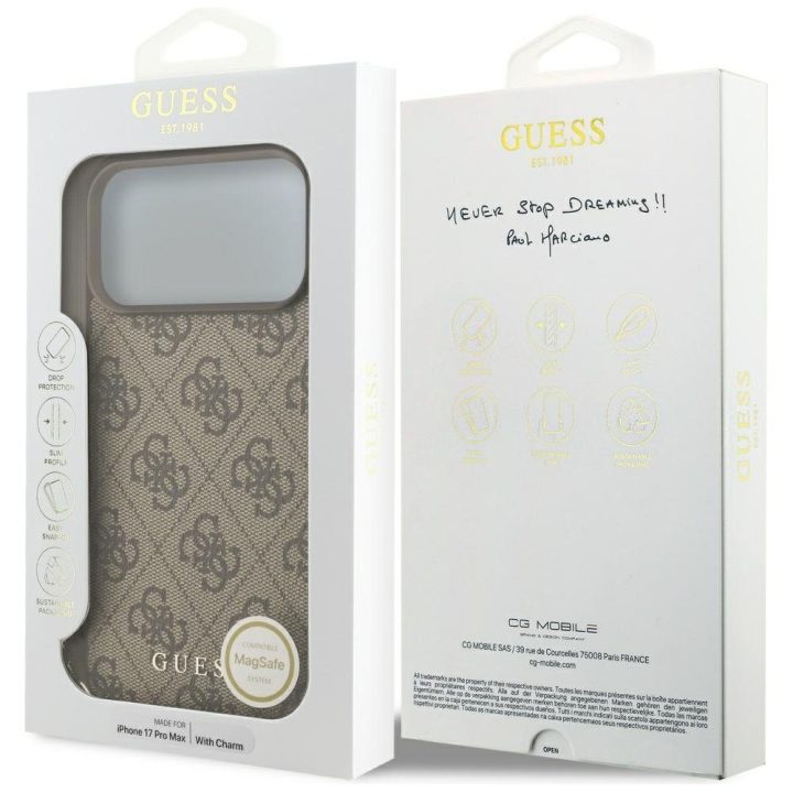 Telefono dėklas iPhone 17 Pro Max rudas su pakabuku Guess