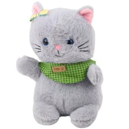 Pilkas pliušinis katinas su žaliu šaliku, 22 cm