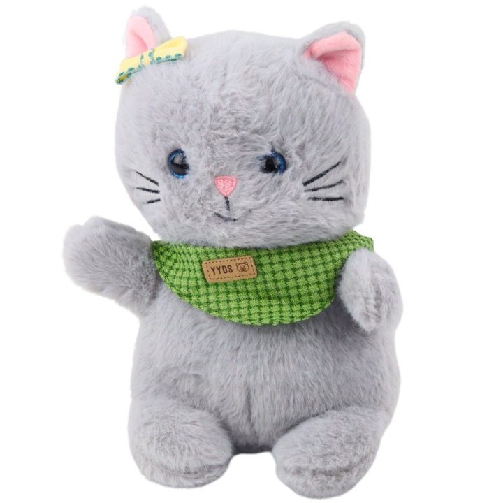 Pilkas pliušinis katinas su žaliu šaliku, 22 cm
