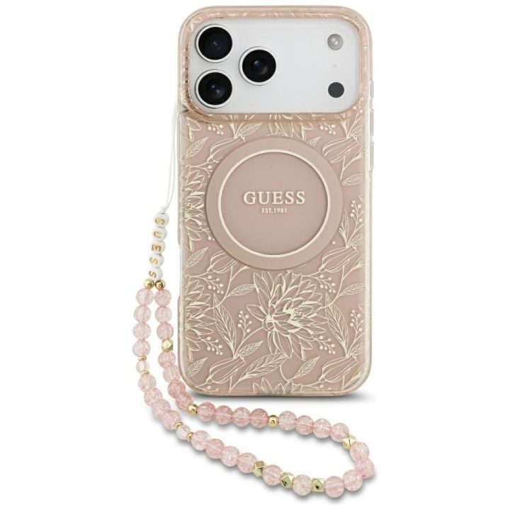 Telefono dėklas iPhone 17 Pro Max su rožiniu dirželiu Guess
