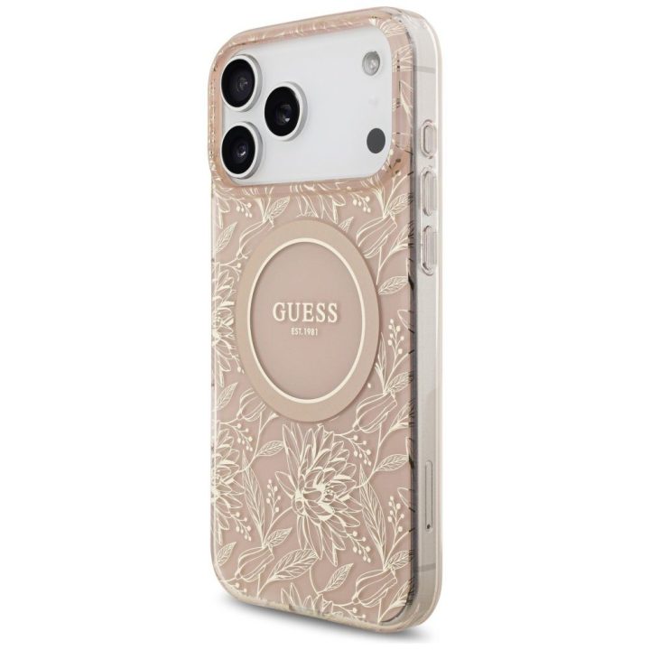 Telefono dėklas iPhone 17 Pro Max su rožiniu dirželiu Guess