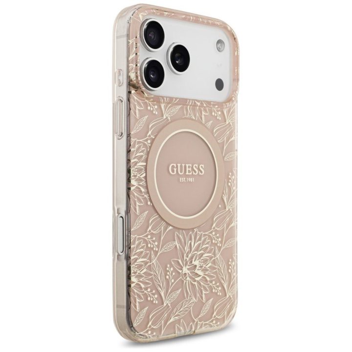 Telefono dėklas iPhone 17 Pro Max su rožiniu dirželiu Guess