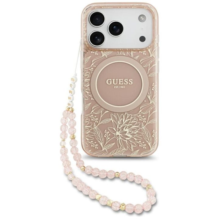 Telefono dėklas iPhone 17 Pro rožinis su dirželiu Guess