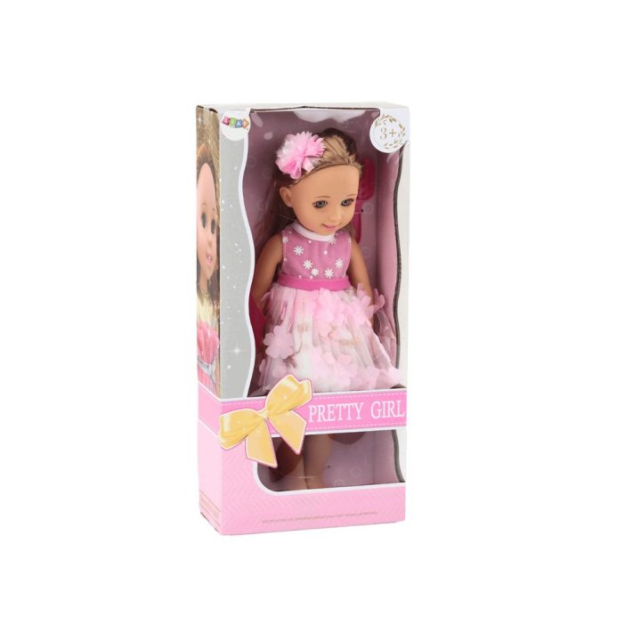 Lėlė su rožine suknele ir plaukų šepetėliu, 38 cm