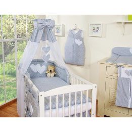 Bedding set 5-pcs with canopy- Hanging Hearts white polka dots one grey