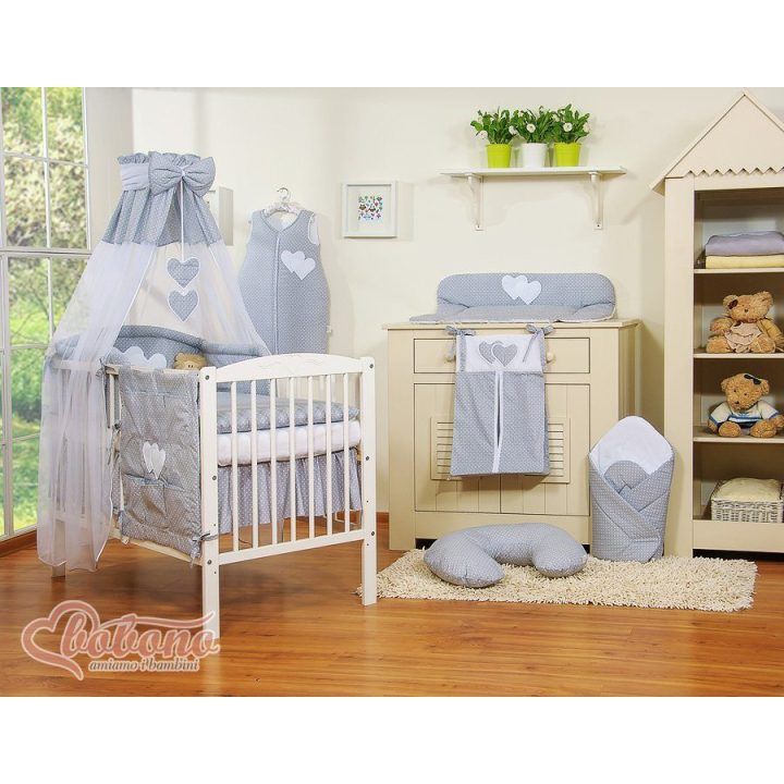 Bedding set 5-pcs with canopy- Hanging Hearts white polka dots one grey