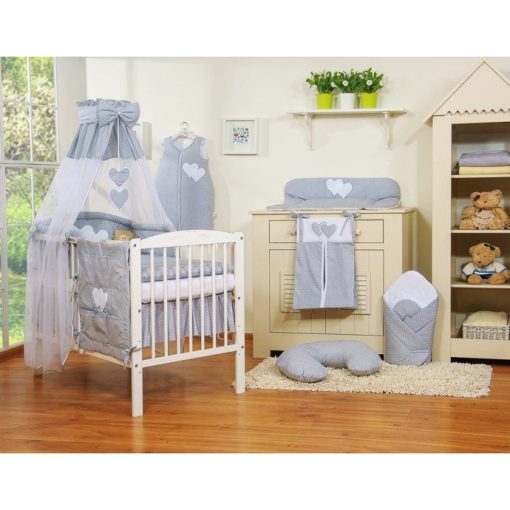 Bedding set 5-pcs with canopy- Hanging Hearts white polka dots one grey
