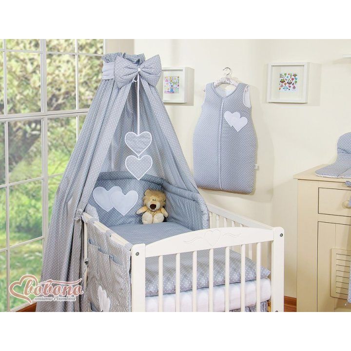 Bedding set 5-pcs with canopy- Hanging Hearts white polka dots one grey