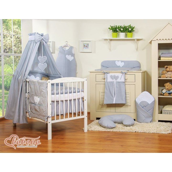 Bedding set 5-pcs with canopy- Hanging Hearts white polka dots one grey