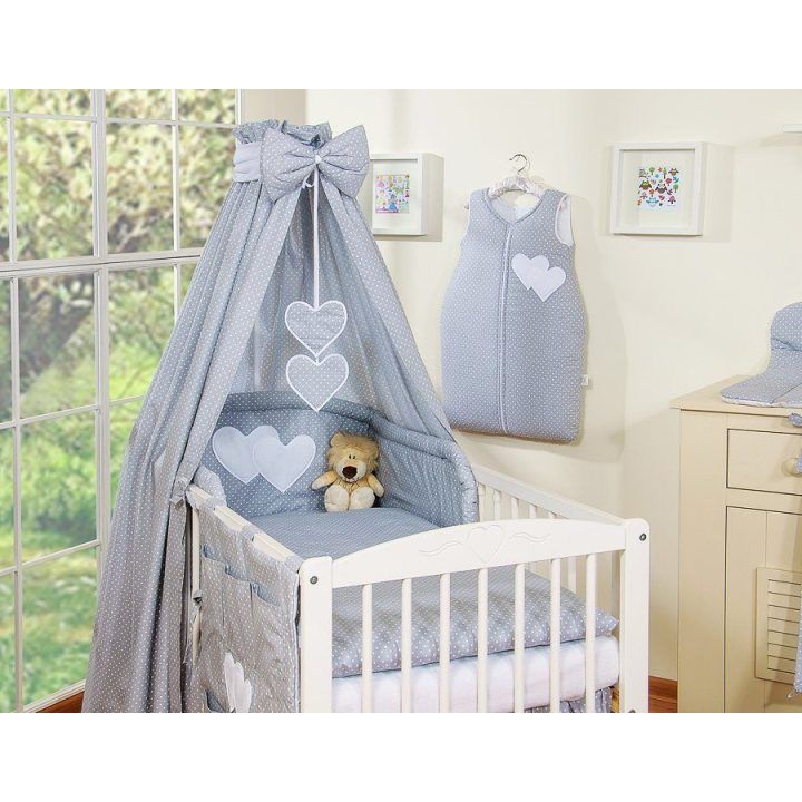 Bedding set 5-pcs with canopy- Hanging Hearts white polka dots one grey
