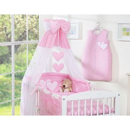 Bedding set 5-pcs with canopy- Hanging Hearts pink