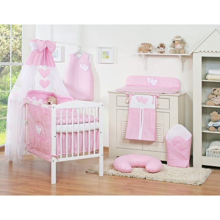 Bedding set 5-pcs with canopy- Hanging Hearts pink