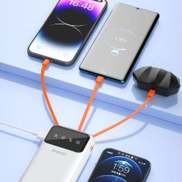 Išorinis akumuliatorius 20000mAh su 3 laidais baltas