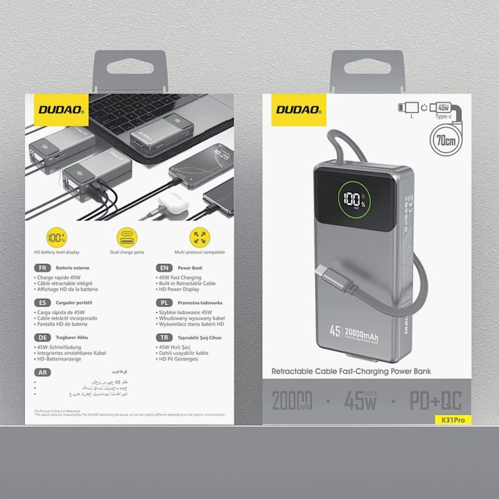Išorinė baterija 45 W 20 000 mAh su USB-C laidu