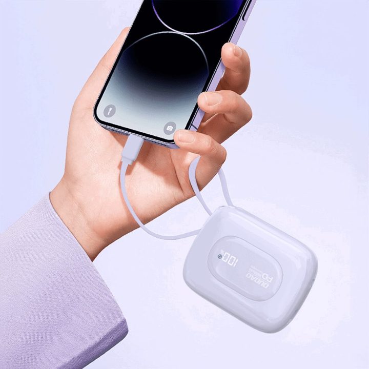 Išorinė baterija 10000 mAh su USB-C ir Lightning laidais , violetinė