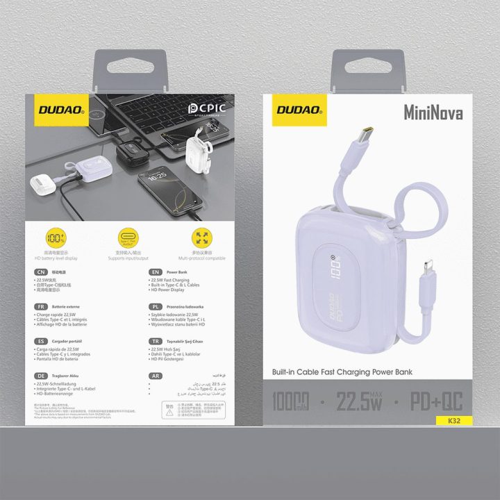 Išorinė baterija 10000 mAh su USB-C ir Lightning laidais , violetinė