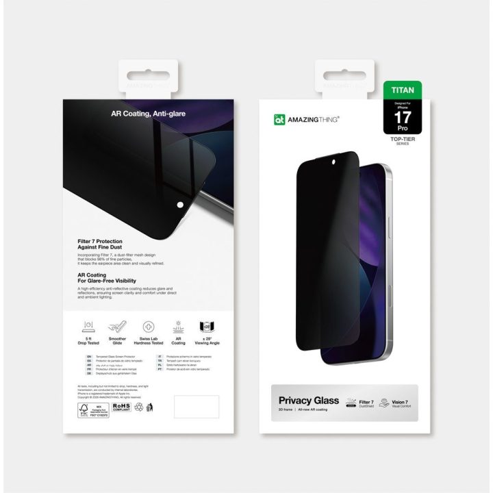 iPhone 17 Pro stikliukas su privatumo funkcija AmazingThing