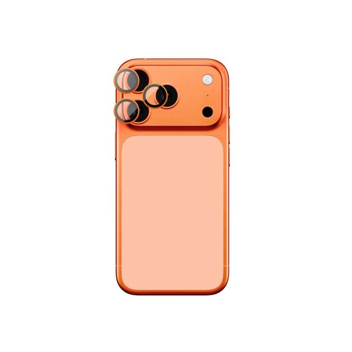 iPhone 17 Pro kameros stikliukas su oranžiniu rėmeliu AmazingThing