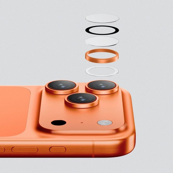 iPhone 17 Pro kameros stikliukas su oranžiniu rėmeliu AmazingThing