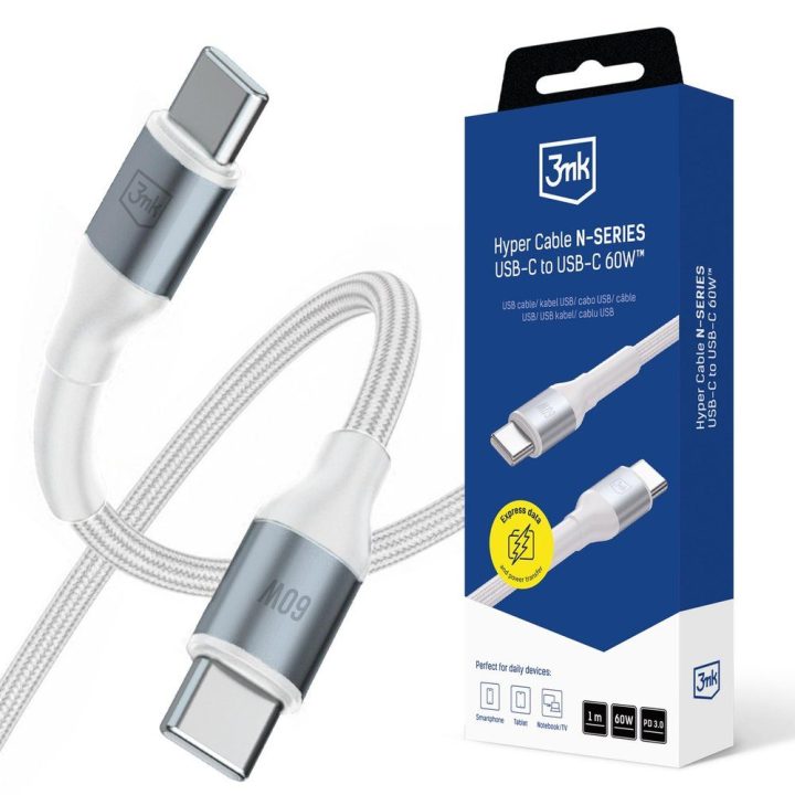 USB-C laidas baltas pintas 60W 1m