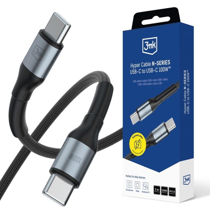 USB-C laidas juodas 100W pintas 2m