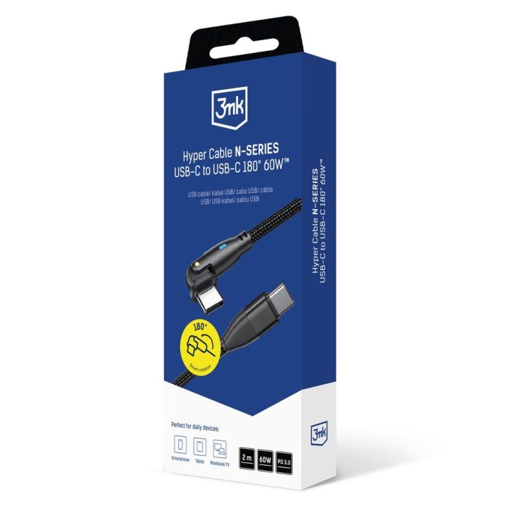 USB-C laidas juodas 2m su 180° jungtimi