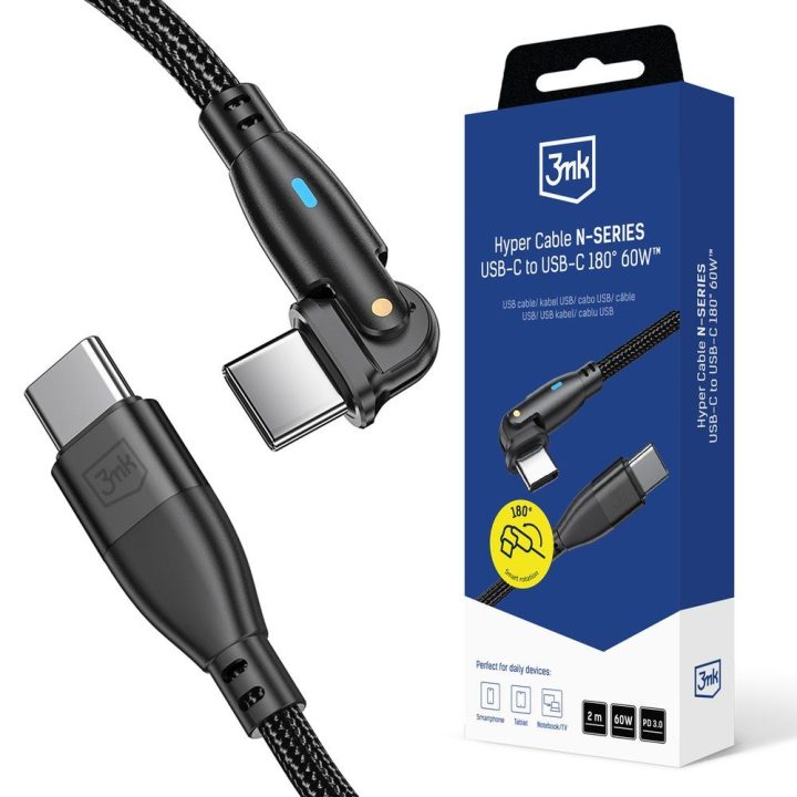 USB-C laidas juodas 2m su 180° jungtimi