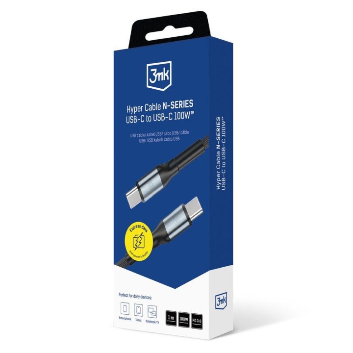 USB-C laidas juodas 100W pintas 1m