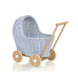 Lėlių vežimėlis pintas mėlynas su medinėmis detalėmis Wicker