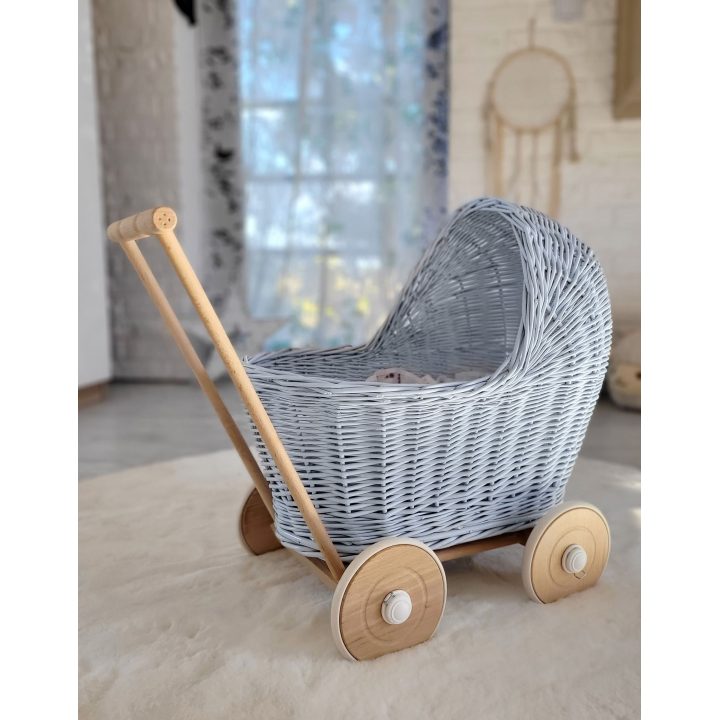 Lėlių vežimėlis pintas mėlynas su medinėmis detalėmis Wicker