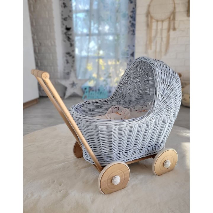 Lėlių vežimėlis pintas mėlynas su medinėmis detalėmis Wicker