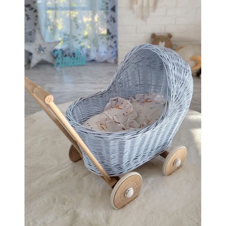 Lėlių vežimėlis pintas mėlynas su medinėmis detalėmis Wicker