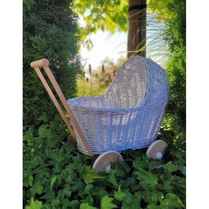 Lėlių vežimėlis pintas mėlynas su medinėmis detalėmis Wicker